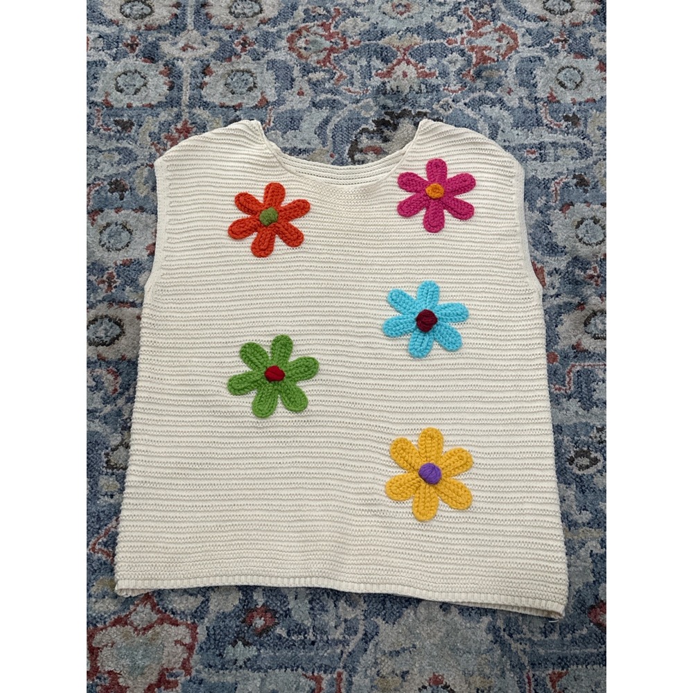 Maeve Cream Crochet Flower Sweater Vest with Multicolor Appliqués